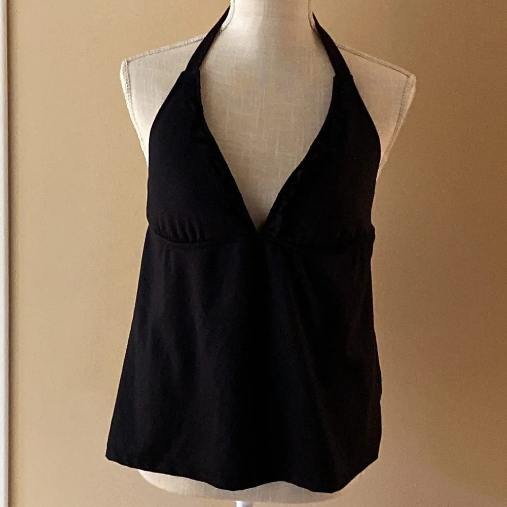 Bisou Bisou Black Ruffled Halter Tankini Top XL